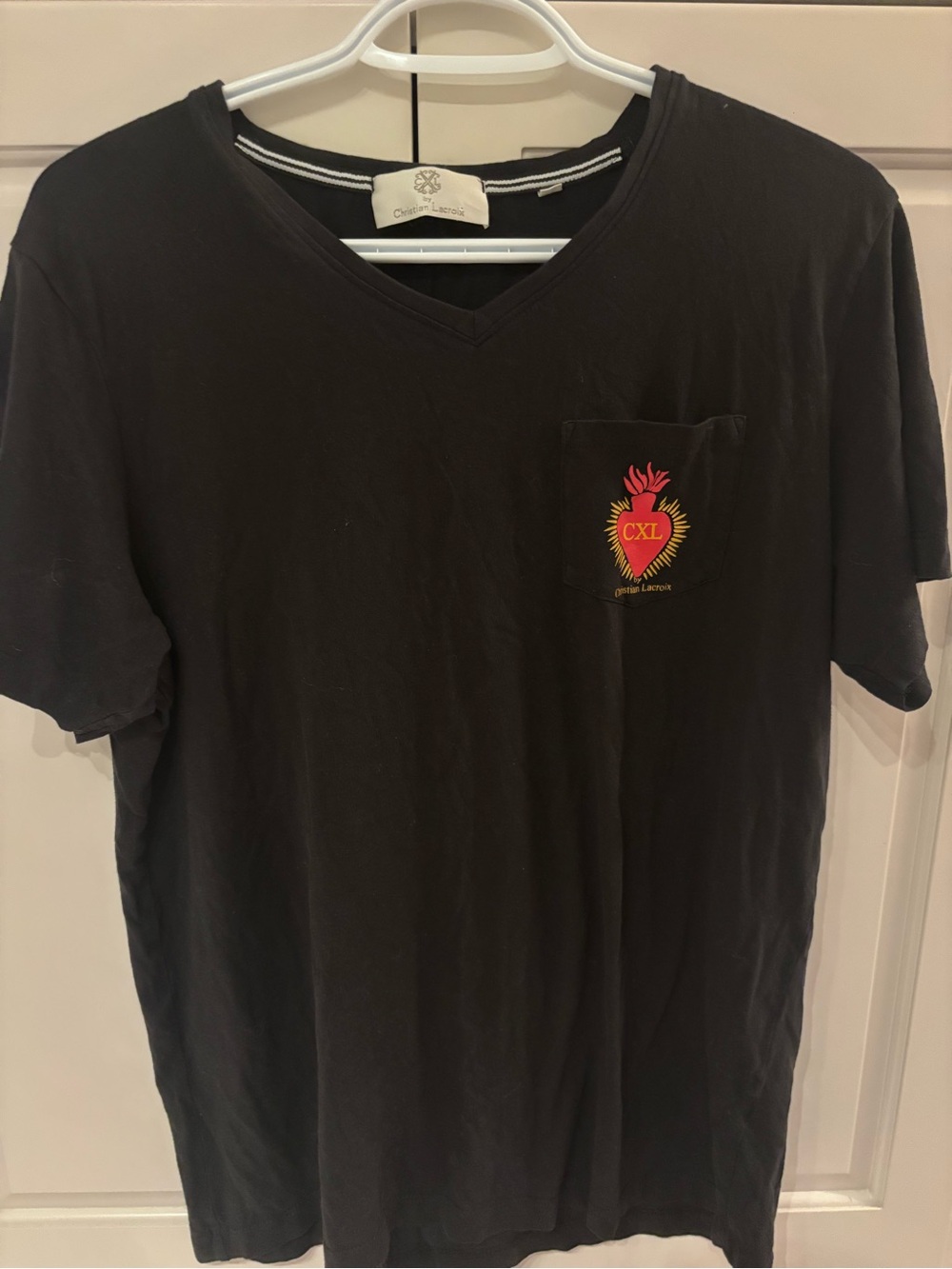 Christian Lacroix Black V-Neck Tee with Red & Gold Chest Emblem large